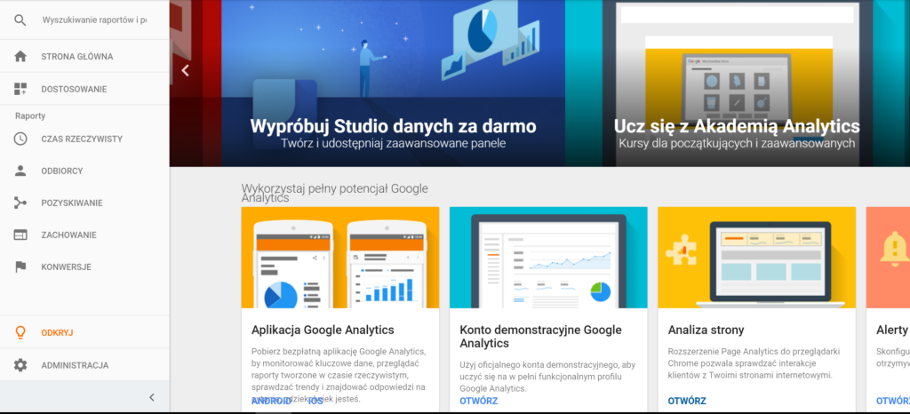 Zakładka Odkryj w Google Analytics