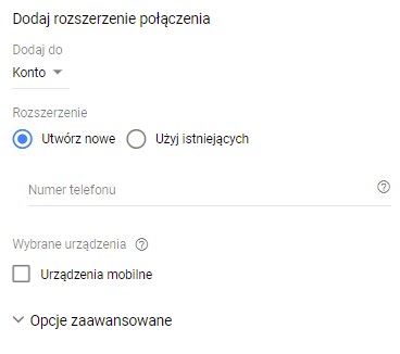 Rozszerzenia połączeń AdWords