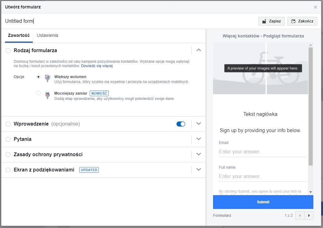 Formularz kontaktowy Facebook Lead Ads