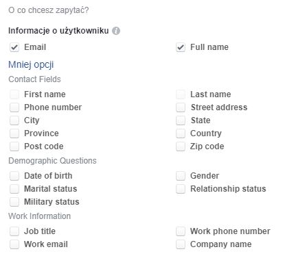 pytania w reklamie kontaktowej Facebook Lead Ads