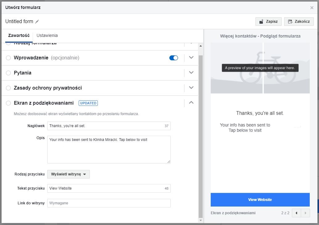 ekran z podziękowaniami w reklamie kontaktowej Facebook Lead Ads