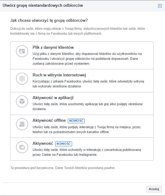 Tworzenie grup niestandardowych odbiorców na Facebooku