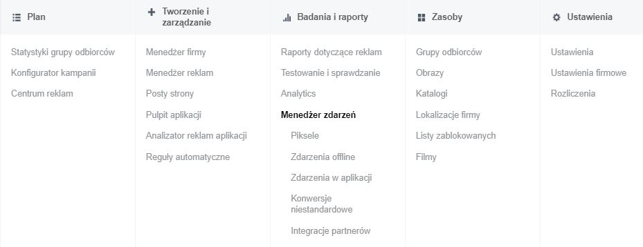 facebook menedżer zdarzeń