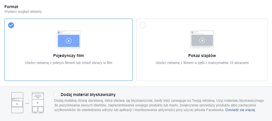 format reklamowy video na facebooku