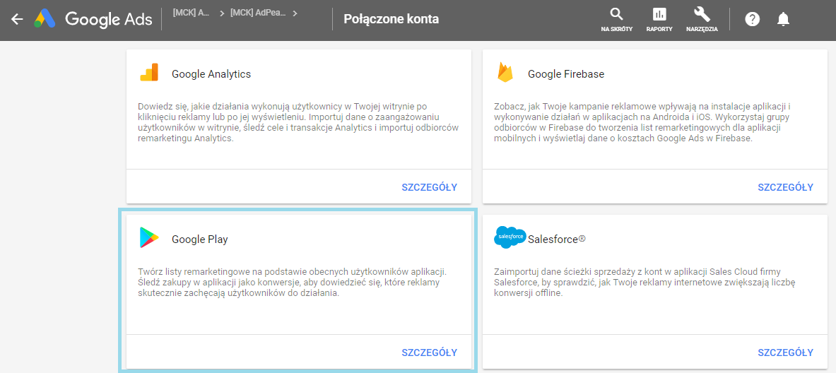 połączenie konta google play z google ads