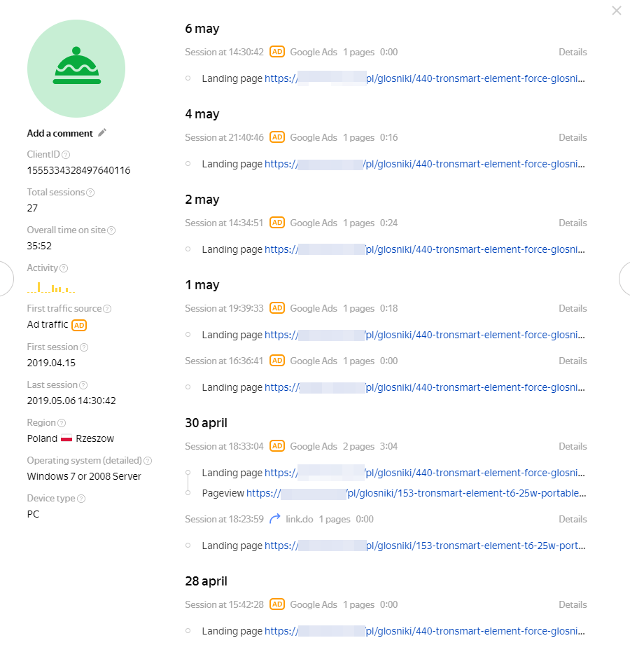 informacje o użytkownikach Yandex
