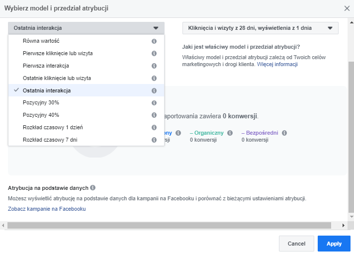 Model i przedział atrybucji Facebook Attribution