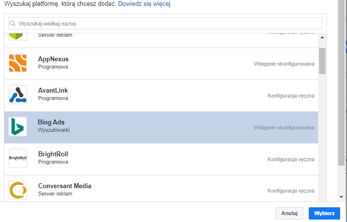 dodawanie platformy reklamowej do facebook attribution