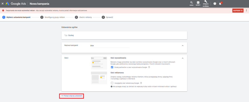 Kampania DSA w Google Ads - konfiguracja ustawień kampanii DSA