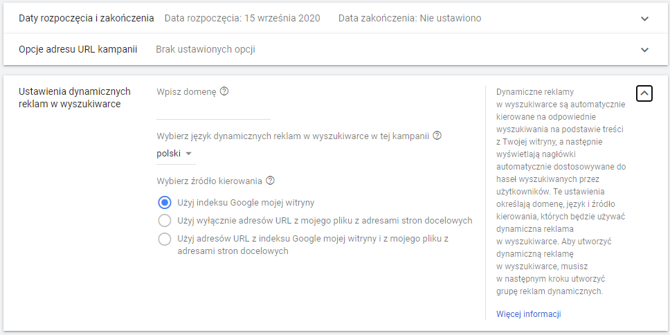 Kampania DSA w Google Ads - ustawienia dynamicznych reklam w wyszukiwarce