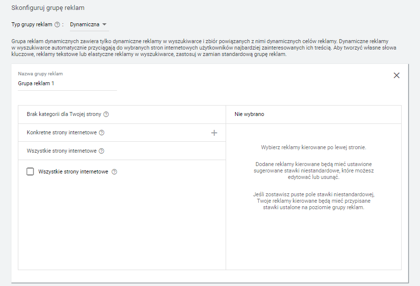 Kampania DSA w Google Ads - konfiguracja dynamicznej grupy reklam