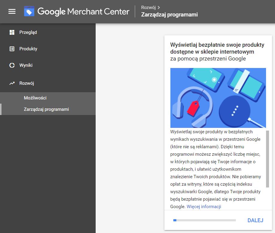 Widok panelu Google Merchant Center