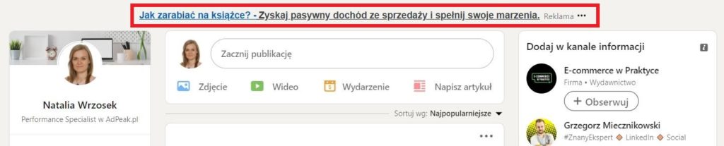 Przykład reklamy tekstowej na LinkedIn