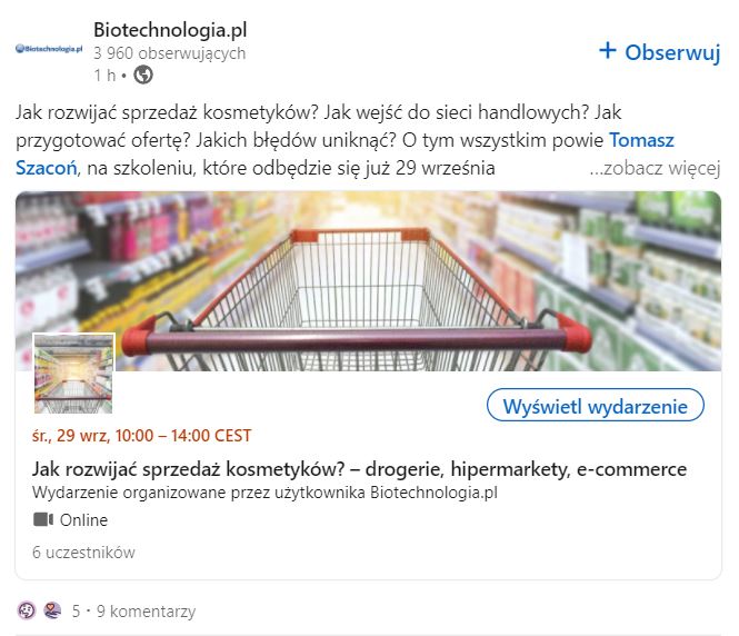 Przykład reklamy w formie wydarzenia