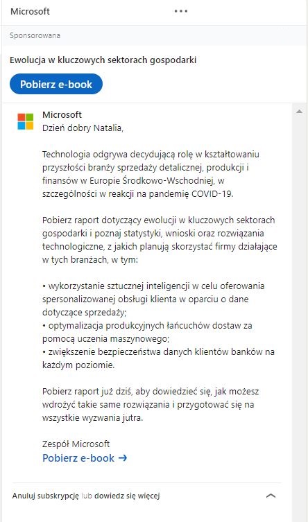 Reklama na LinkedIn - przykład reklamy w wiadomości