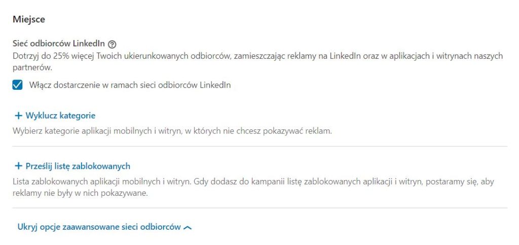 LinkedIn Audience Network - wykluczenia aplikacji i witryn z kierowania reklam