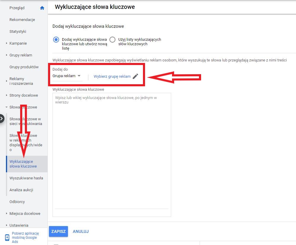 Dodawanie wykluczających słów kluczowych na poziomie grup reklam