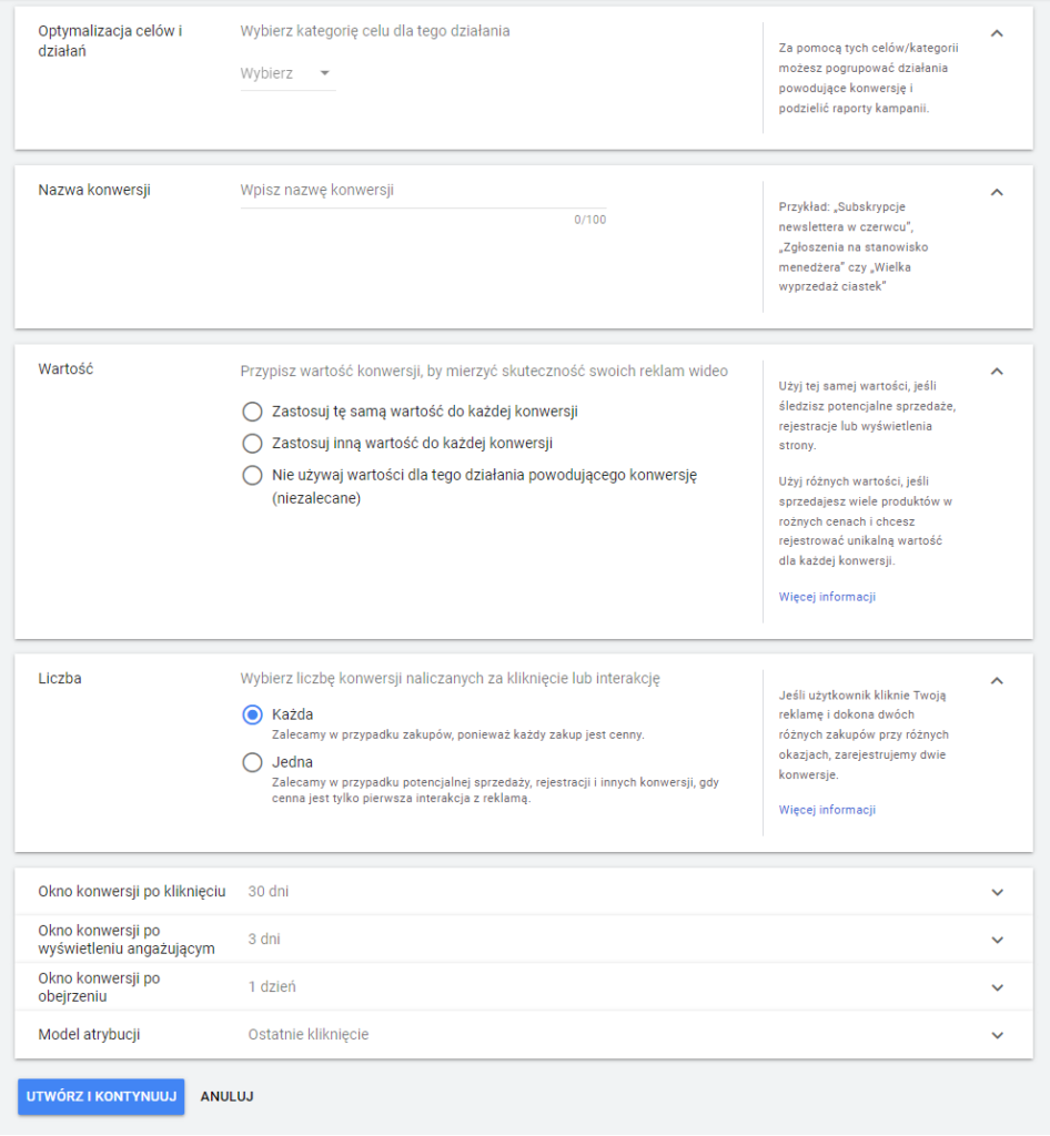 Google Ads - panel tworzenia nowej konwersji