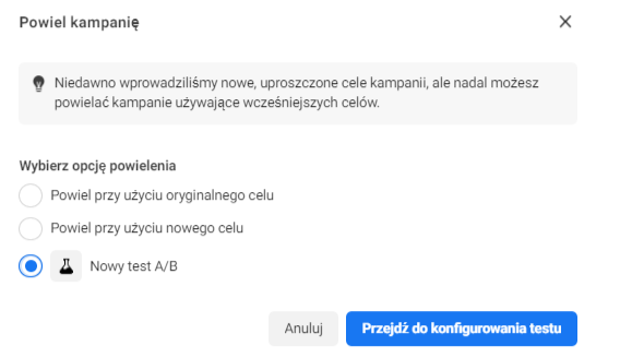 powielenie kampanii facebook ads