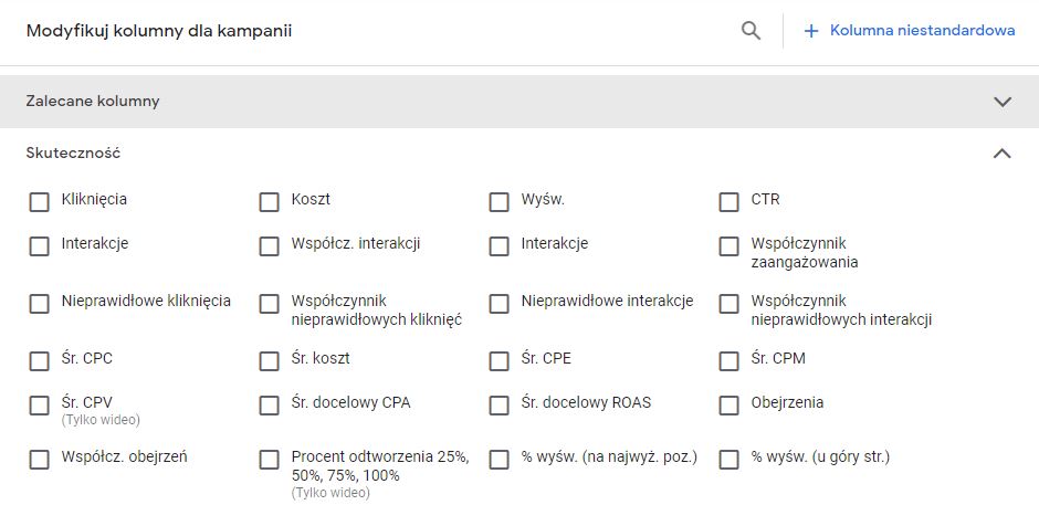 Wybór wskaźników widocznych w raportach Google Ads