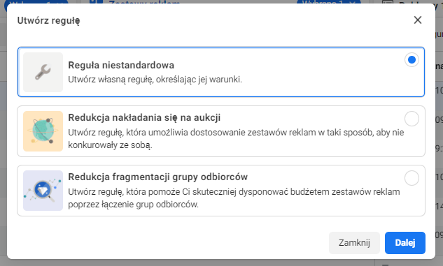 rodzaje reguł automatycznych facebook ads