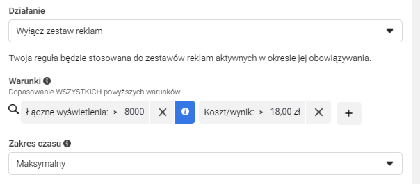 Kontrola kosztu za wynik reguły automatyczne facebook ads