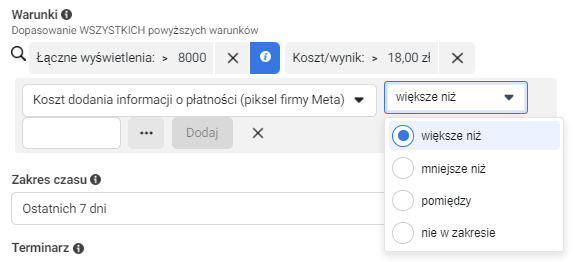 reguły niestandardowe facebook ads