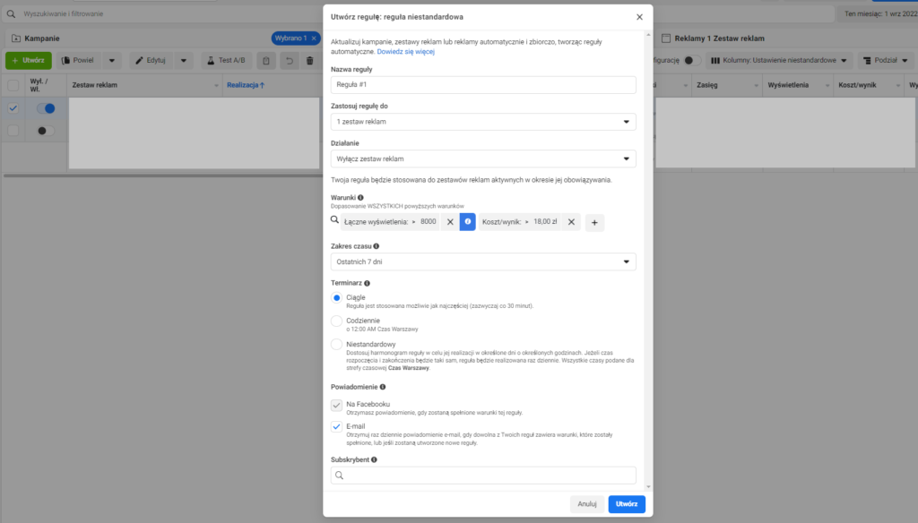 reguły niestandardowe facebook ads
