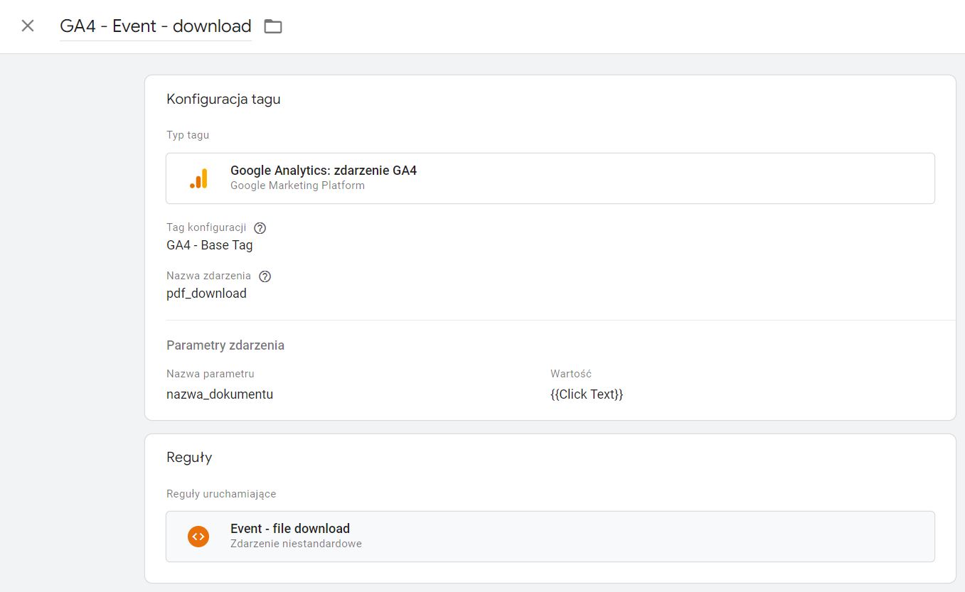 Tag utworzony w GTM dla zdarzenia niestandardowego w Google Analytics 4.