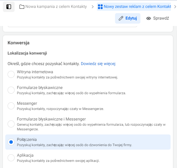 konwersje dla reklam na połączenia Facebook Ads