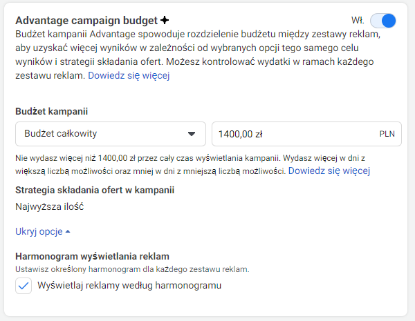 Budżet całkowity Reklamy na połączenia Facebook Ads