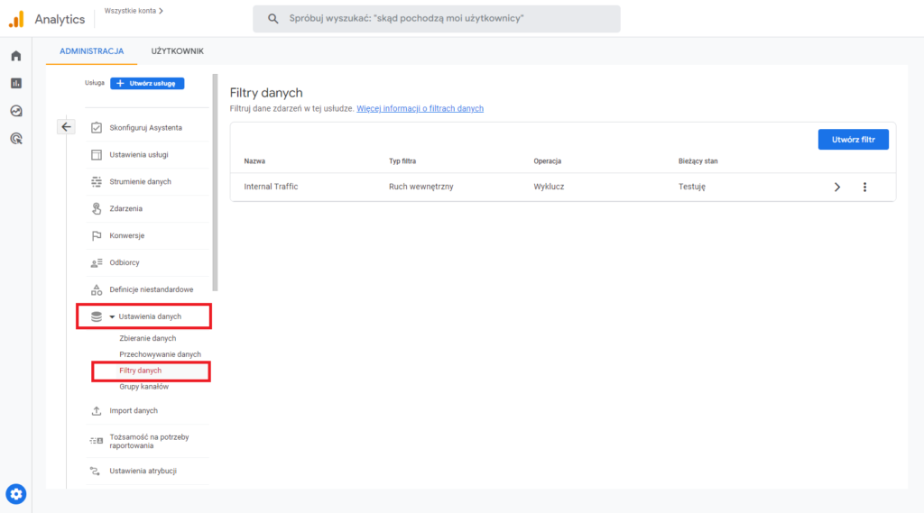 Filtr danych w ustawieniach konta Google Analytics 4 