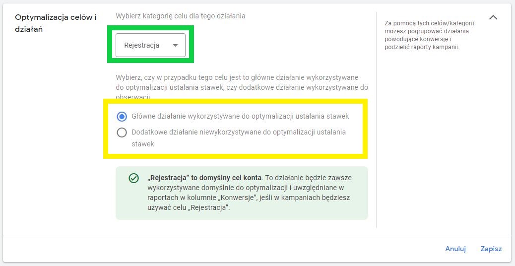 Zmiana kategorii konwersji w panelu Google Ads