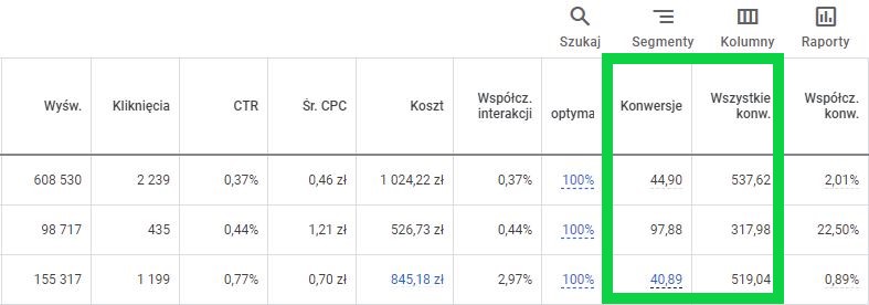 Raport Google Ads dotyczący konwersji