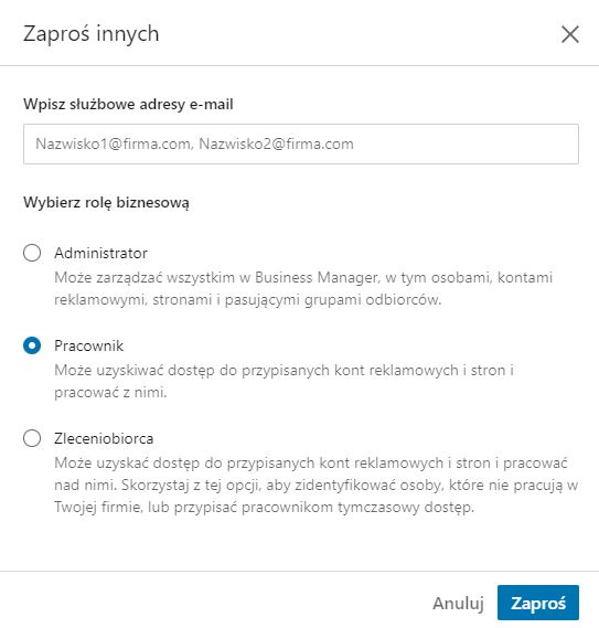 Przypisywanie użytkownikom roli w LinkedIn Business Managerze