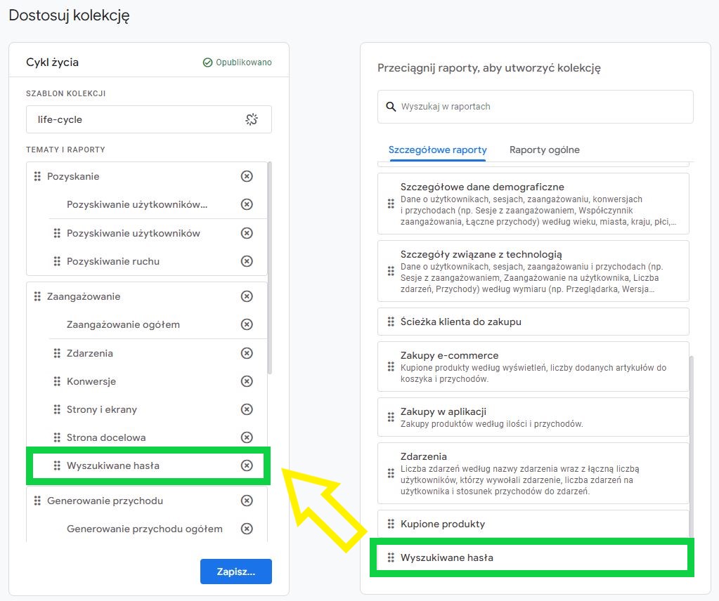 Raporty w GA4 - dostosowywanie wyglądu Kolekcji.