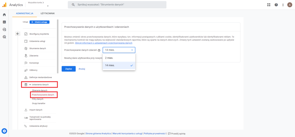 Najważniejsze ustawienia Google Analytics - czas przechowywania danych