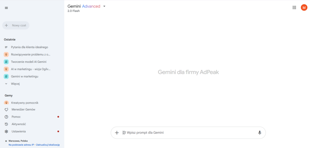 Obrazek przedstawia widok panelu Google Gemini, narzędzie wspierające marketing.