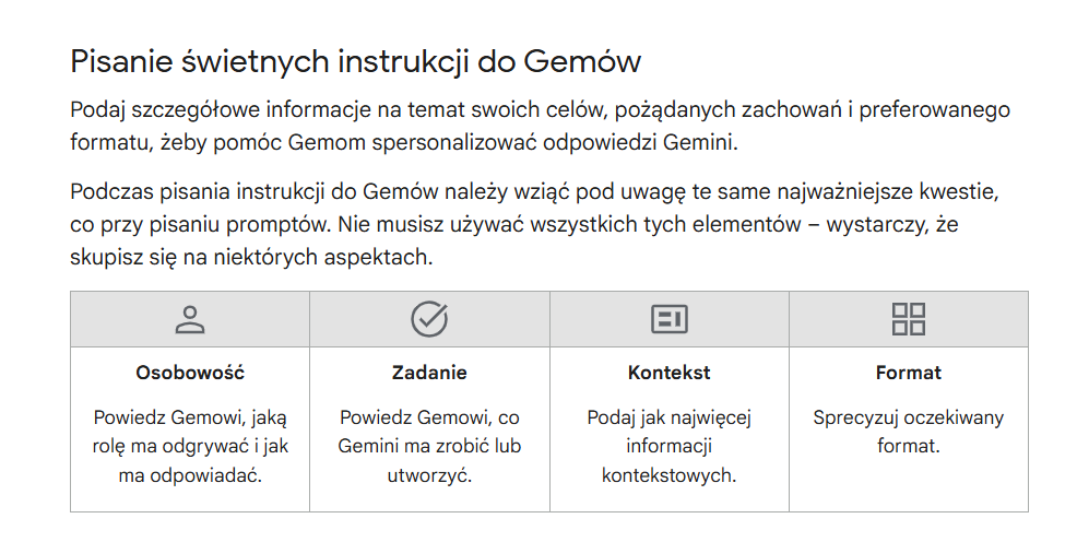 Tabela ze wskazówkami dotyczącymi tworzenia Gemów w Google Gemini przydatnych w marketingu.