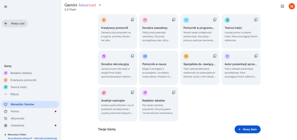 Obrazek przedstawia panel menedżera gemów w Google Gemini użyteczny we wspieraniu marketingu.